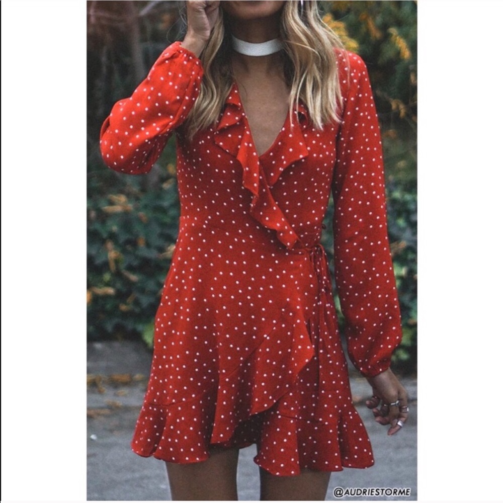 Red Polka Dot Front Ruffle Wrap Dress Small